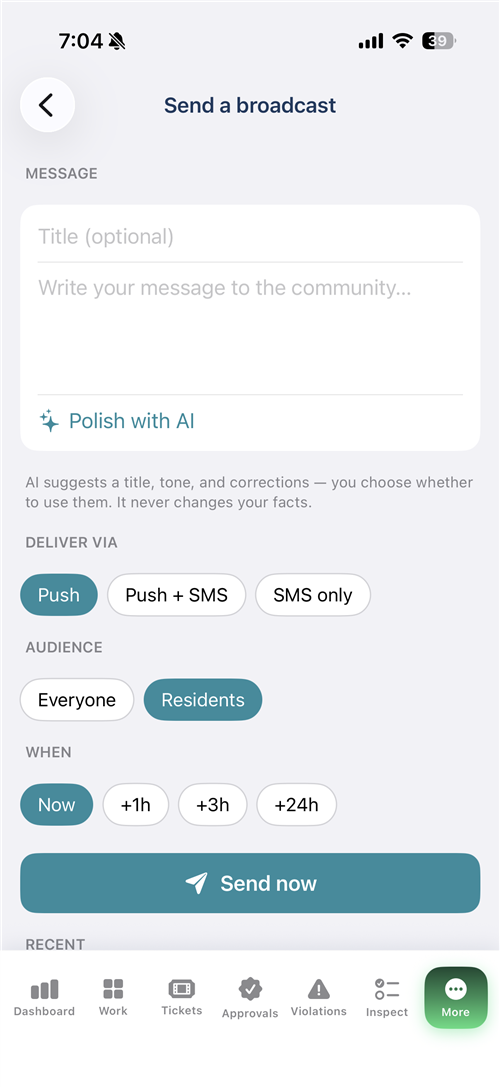 OnlyHOA — compose a broadcast with AI