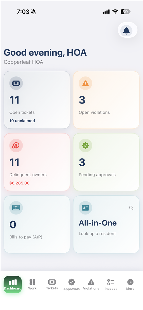 OnlyHOA staff app — dashboard