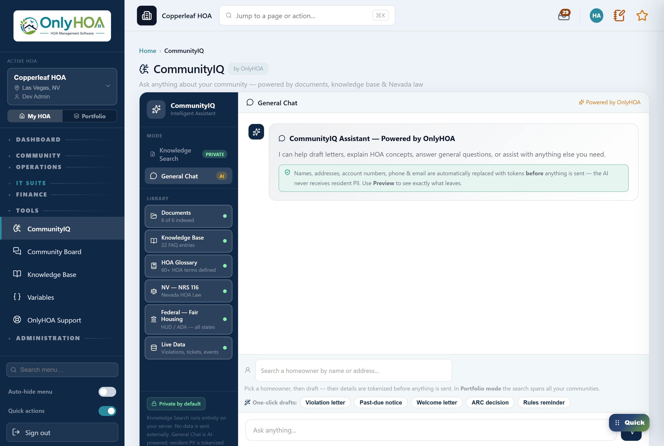 CommunityIQ assistant — grounded in your documents, knowledge base and Nevada law
