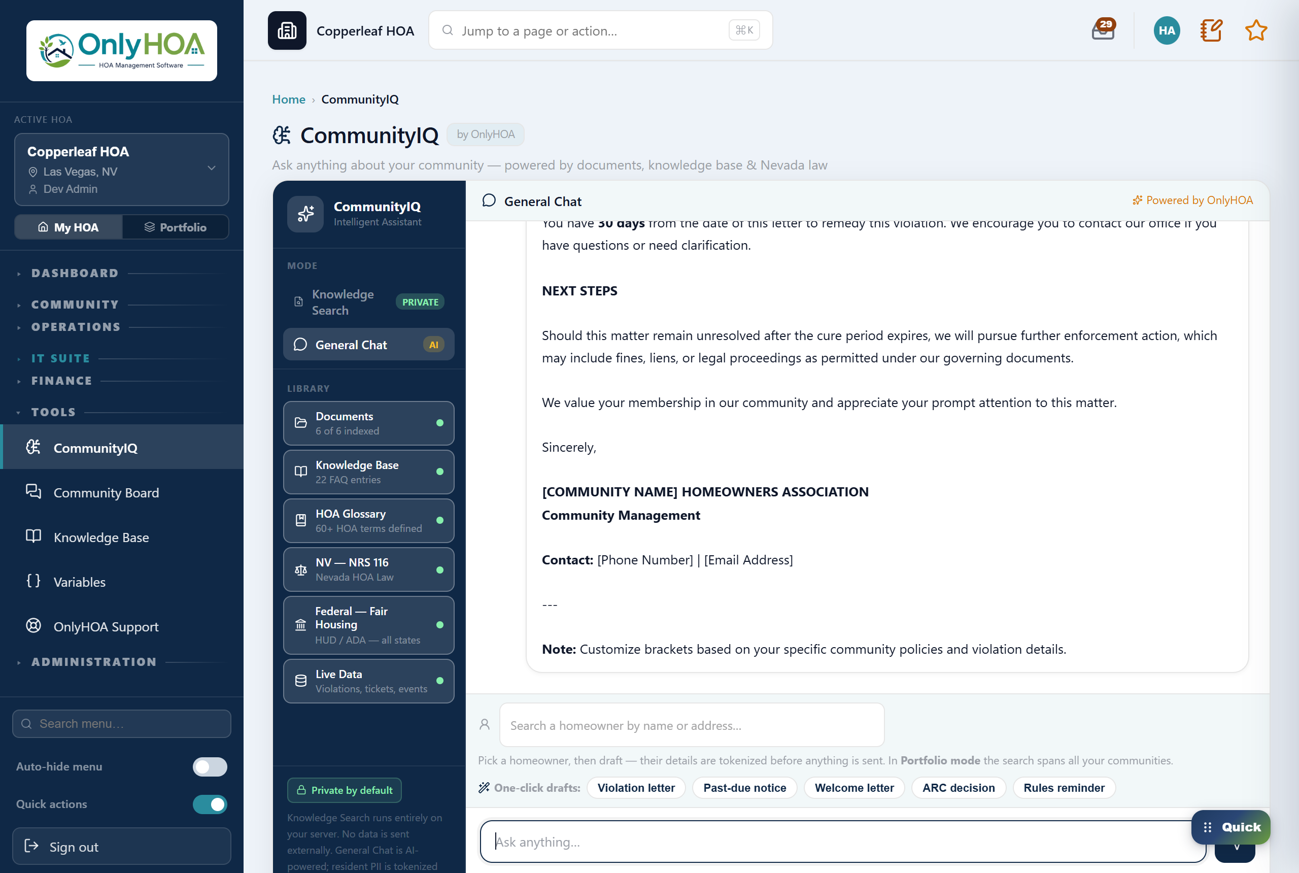CommunityIQ drafting a violation notice with cure period and enforcement steps