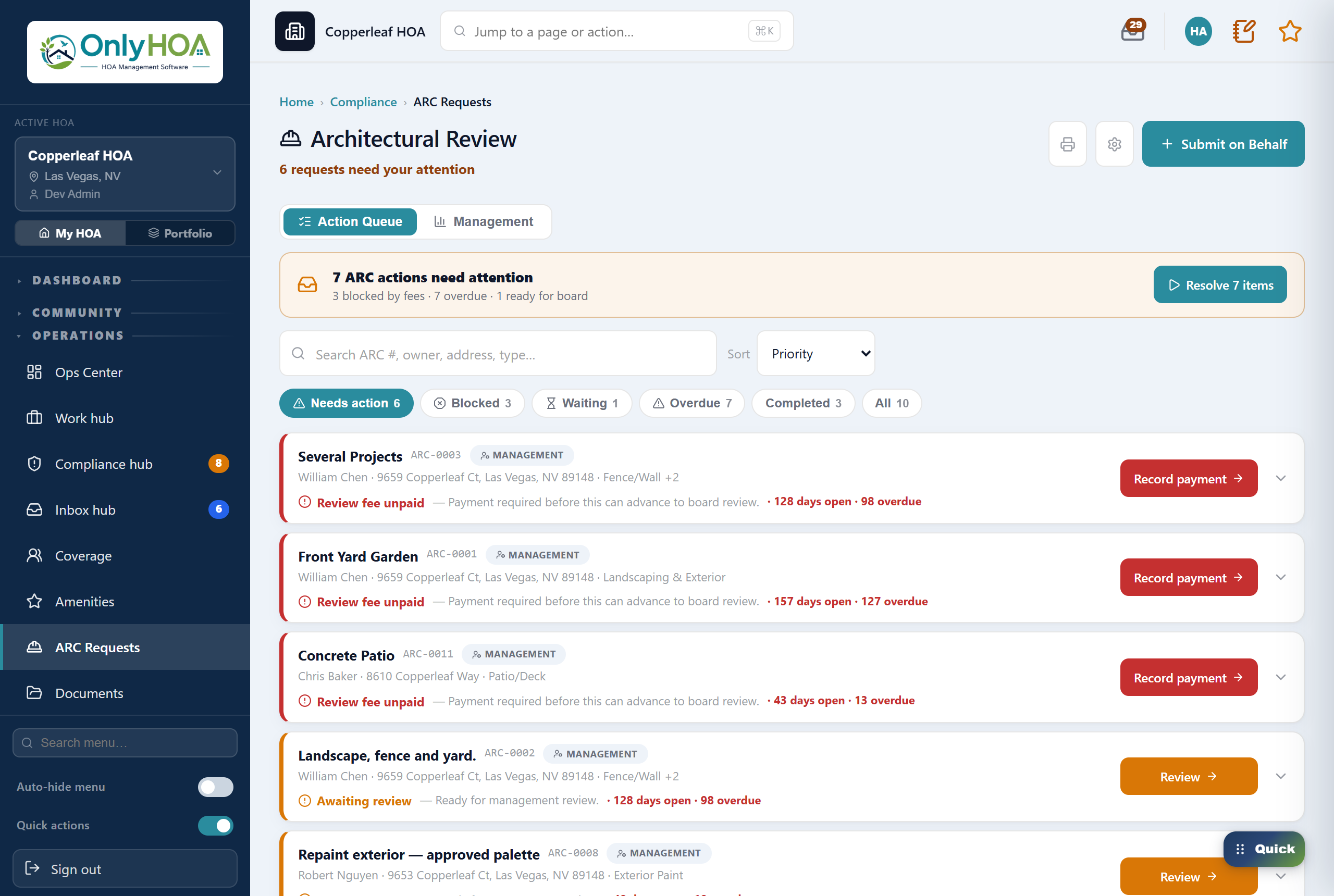 OnlyHOA Architectural Review — submissions, review, fees and board routing