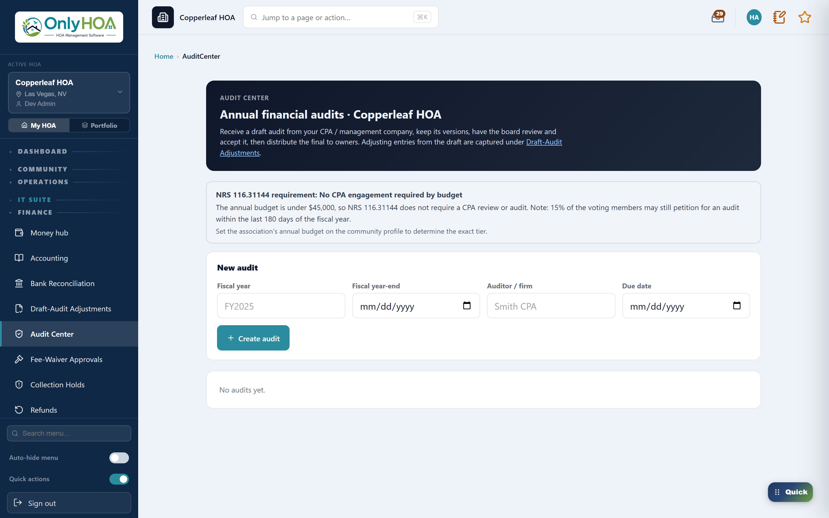 OnlyHOA Audit Center — annual financial audit workflow with NRS 116 guidance