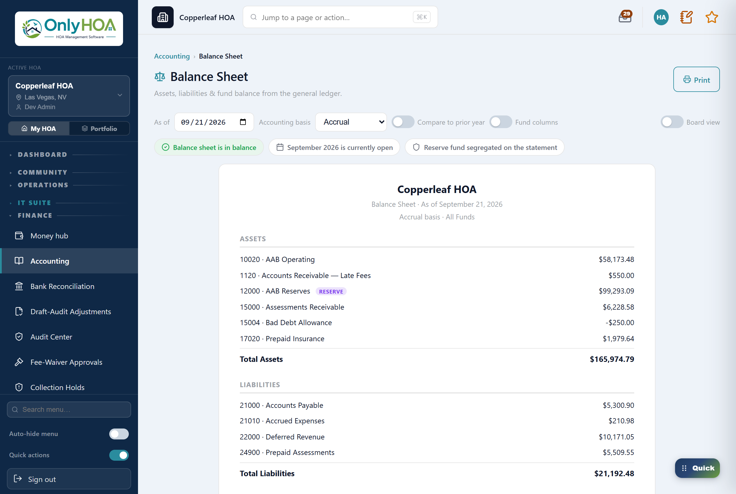 OnlyHOA balance sheet — in balance, with the reserve fund segregated