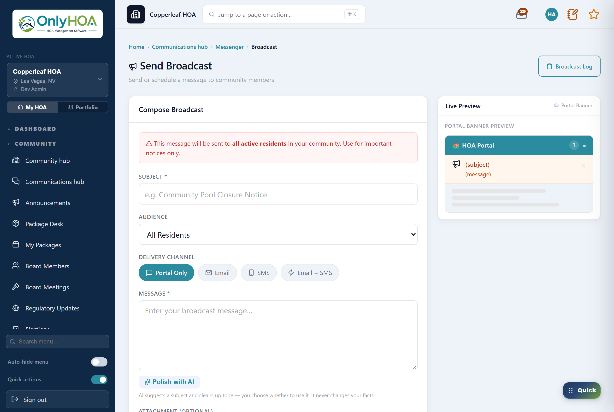 OnlyHOA broadcast composer — audience, delivery channel, AI polish and a live preview