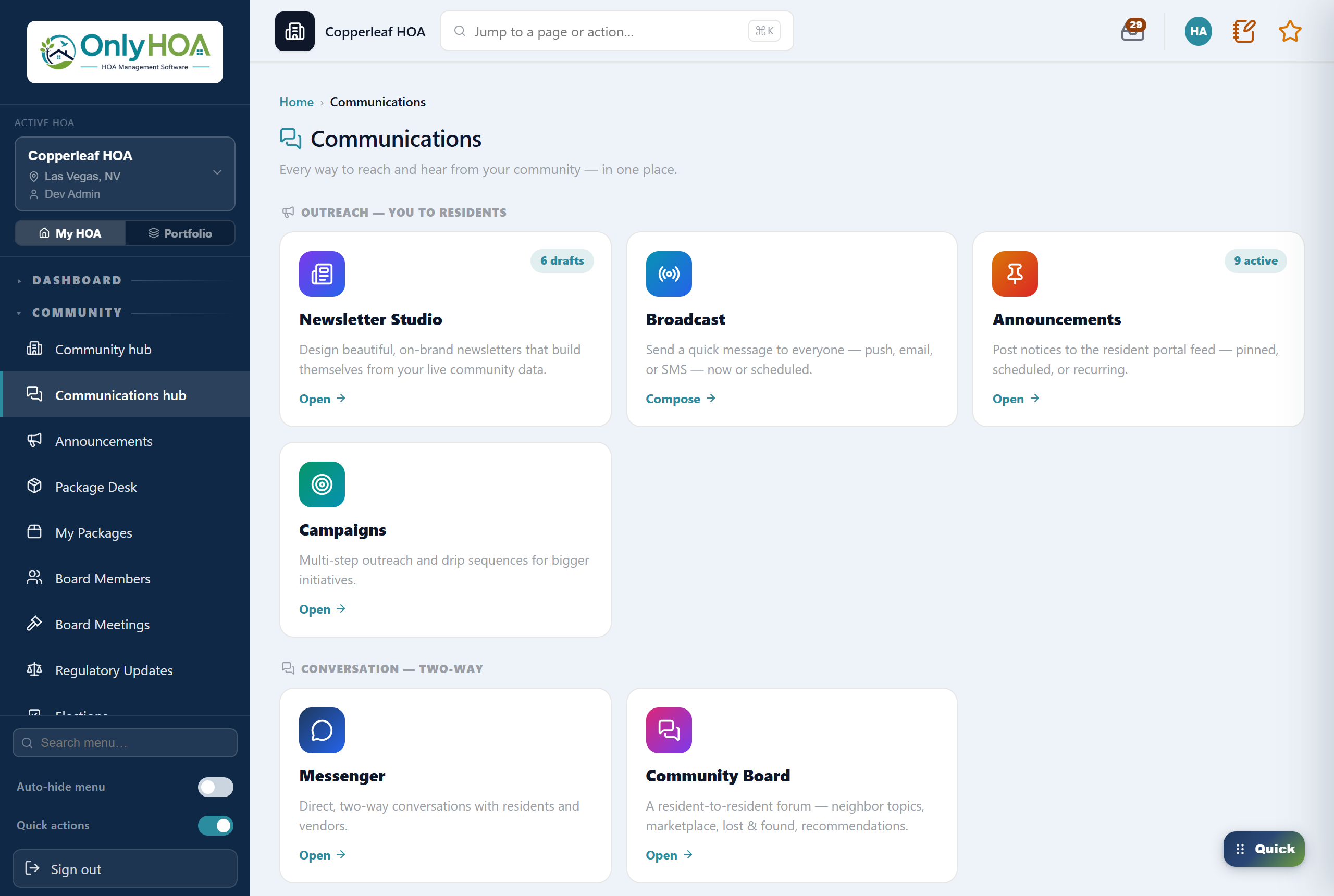 Communications center — email, SMS, announcements