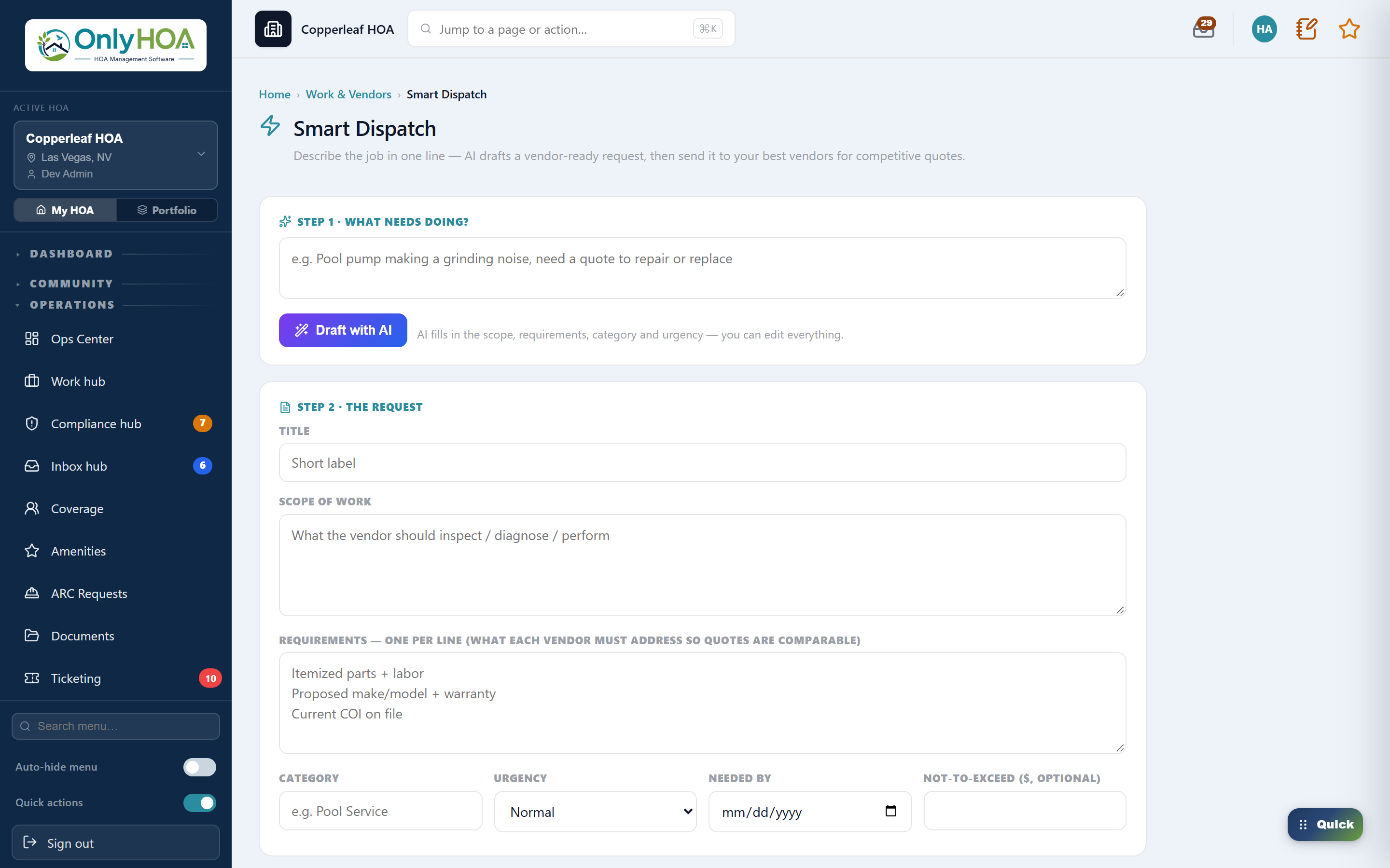 OnlyHOA Smart Dispatch — AI-drafted vendor request sent for competitive quotes