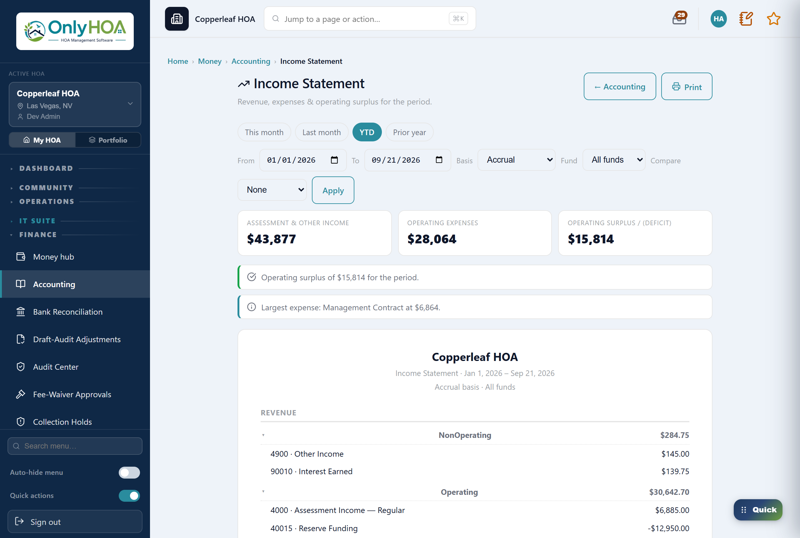OnlyHOA income statement — revenue, expenses and operating surplus for the period