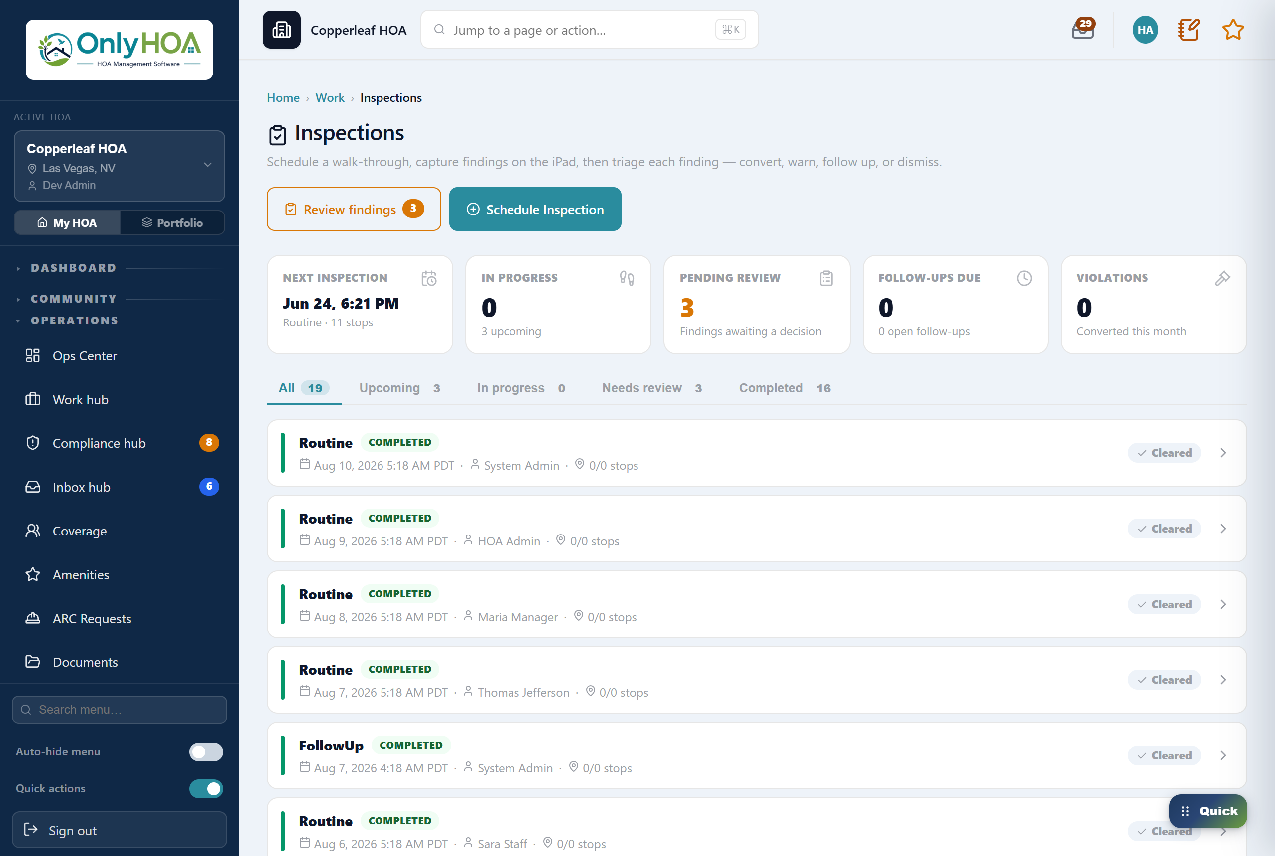 OnlyHOA inspections — scheduled walkthroughs with per-stop photos and triage