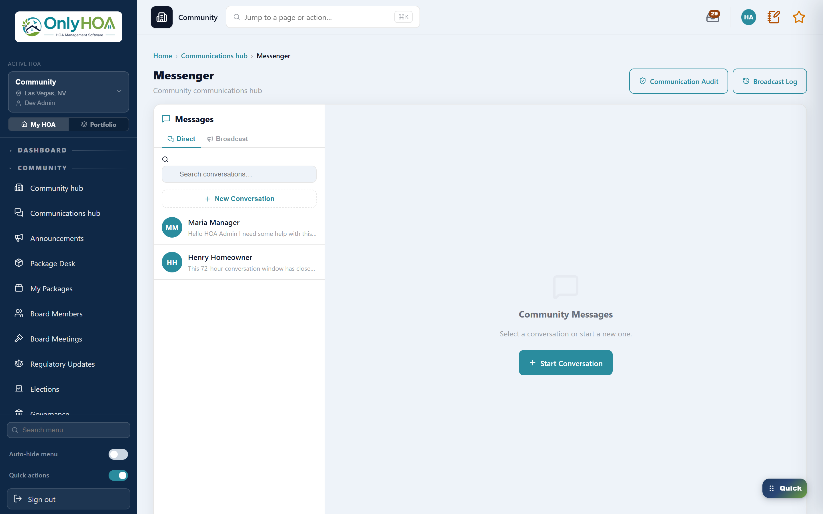 OnlyHOA Messenger — direct two-way conversations with residents and vendors