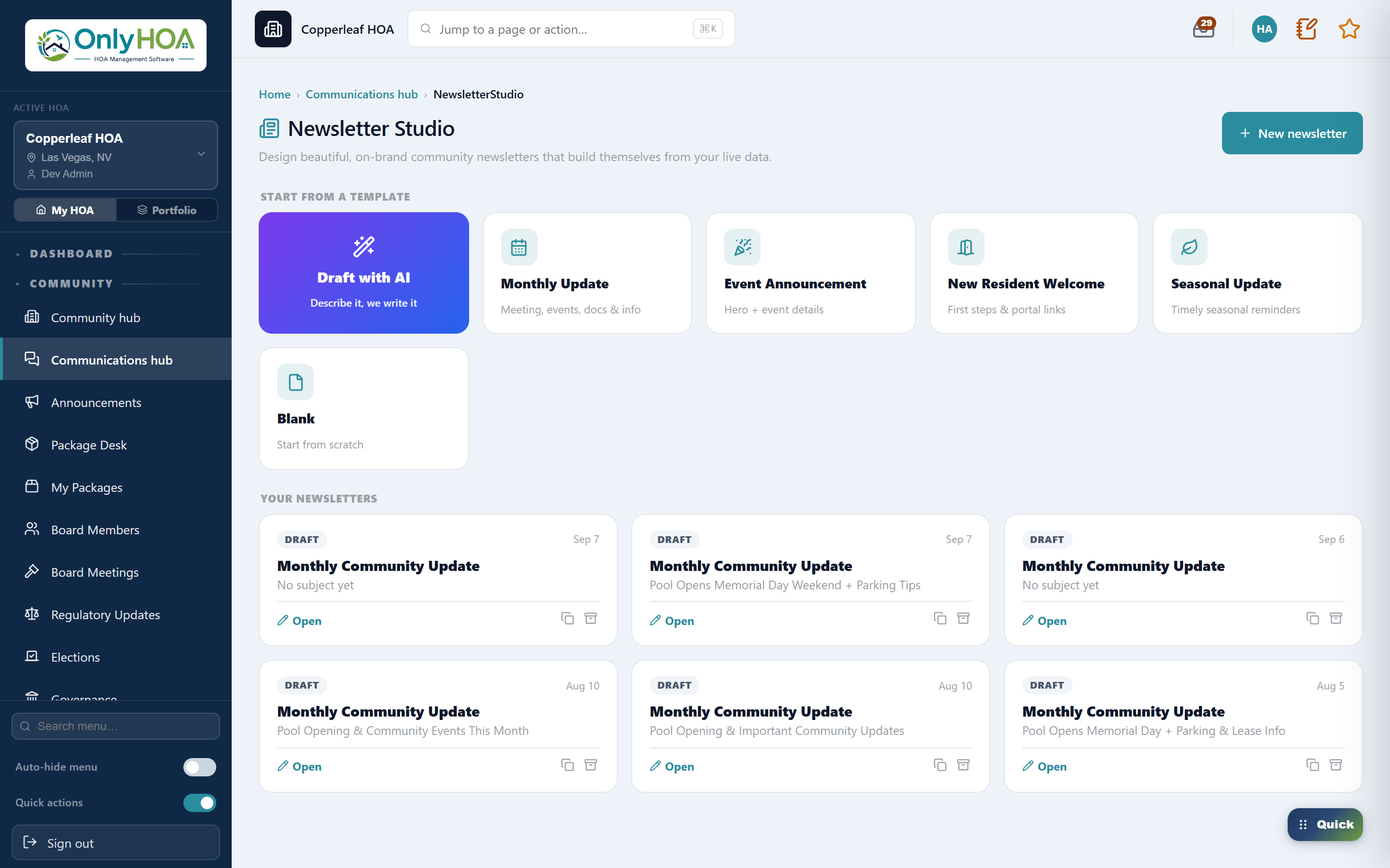 OnlyHOA Newsletter Studio — AI templates and drafts built from live community data