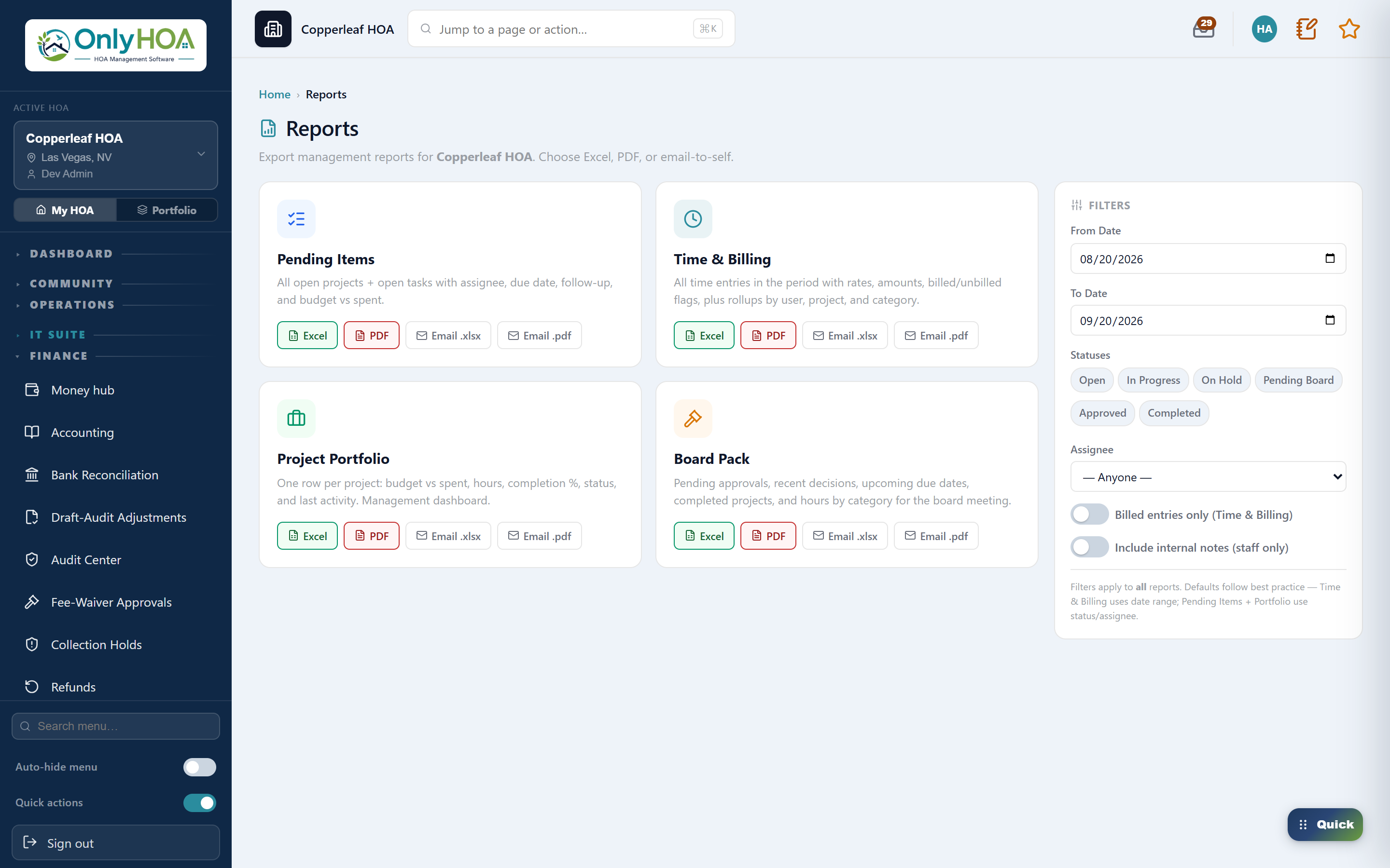 OnlyHOA report center — pending items, time & billing, project portfolio and board pack