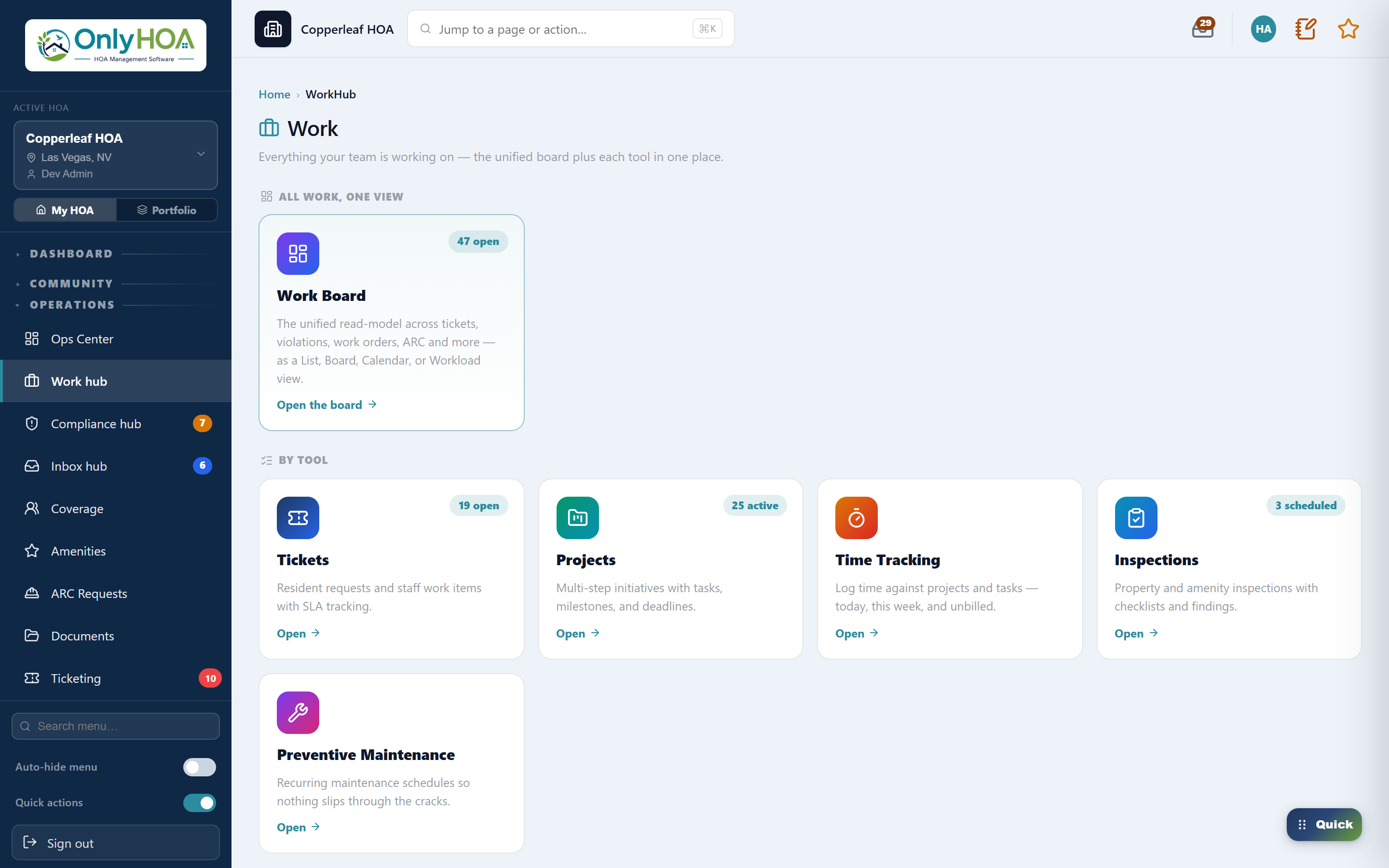 Work hub — the day's operational queue