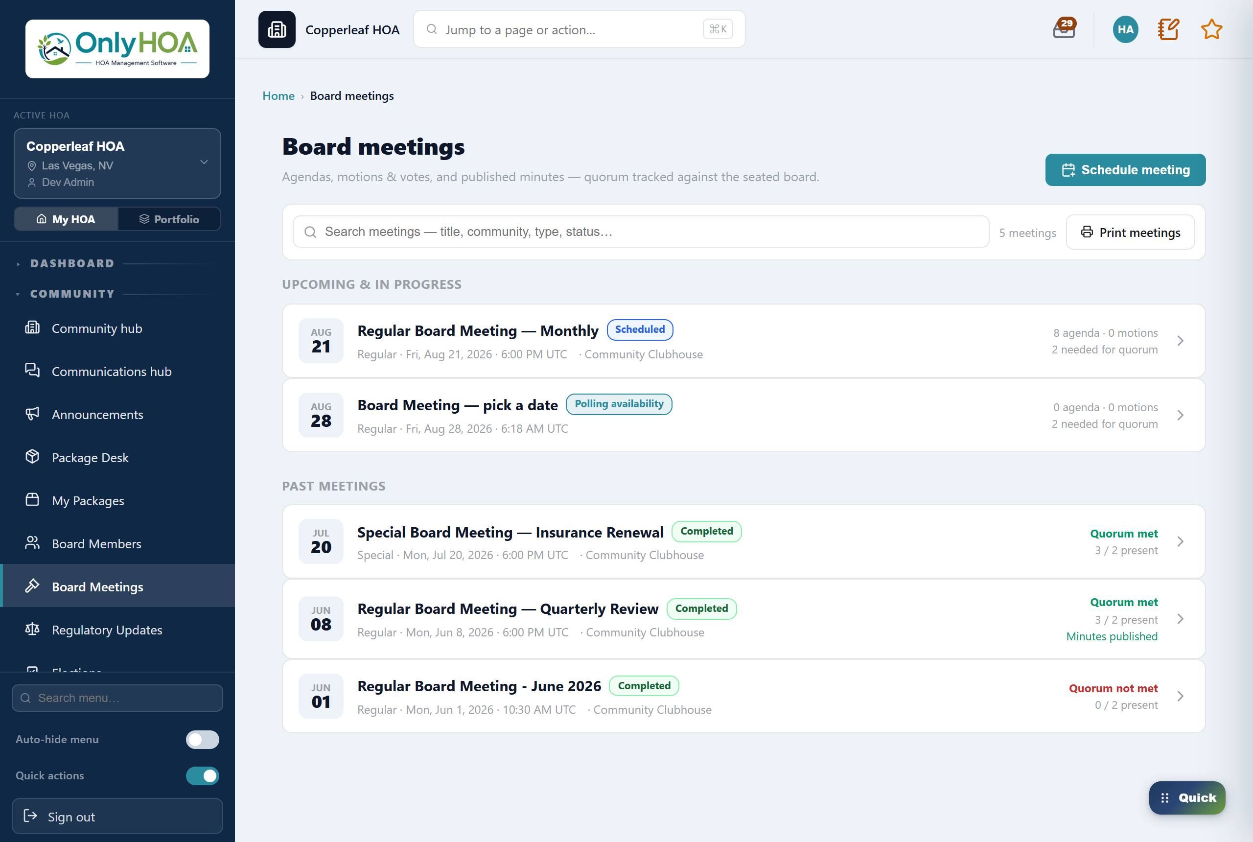 Board meetings — agendas, packets, and minutes
