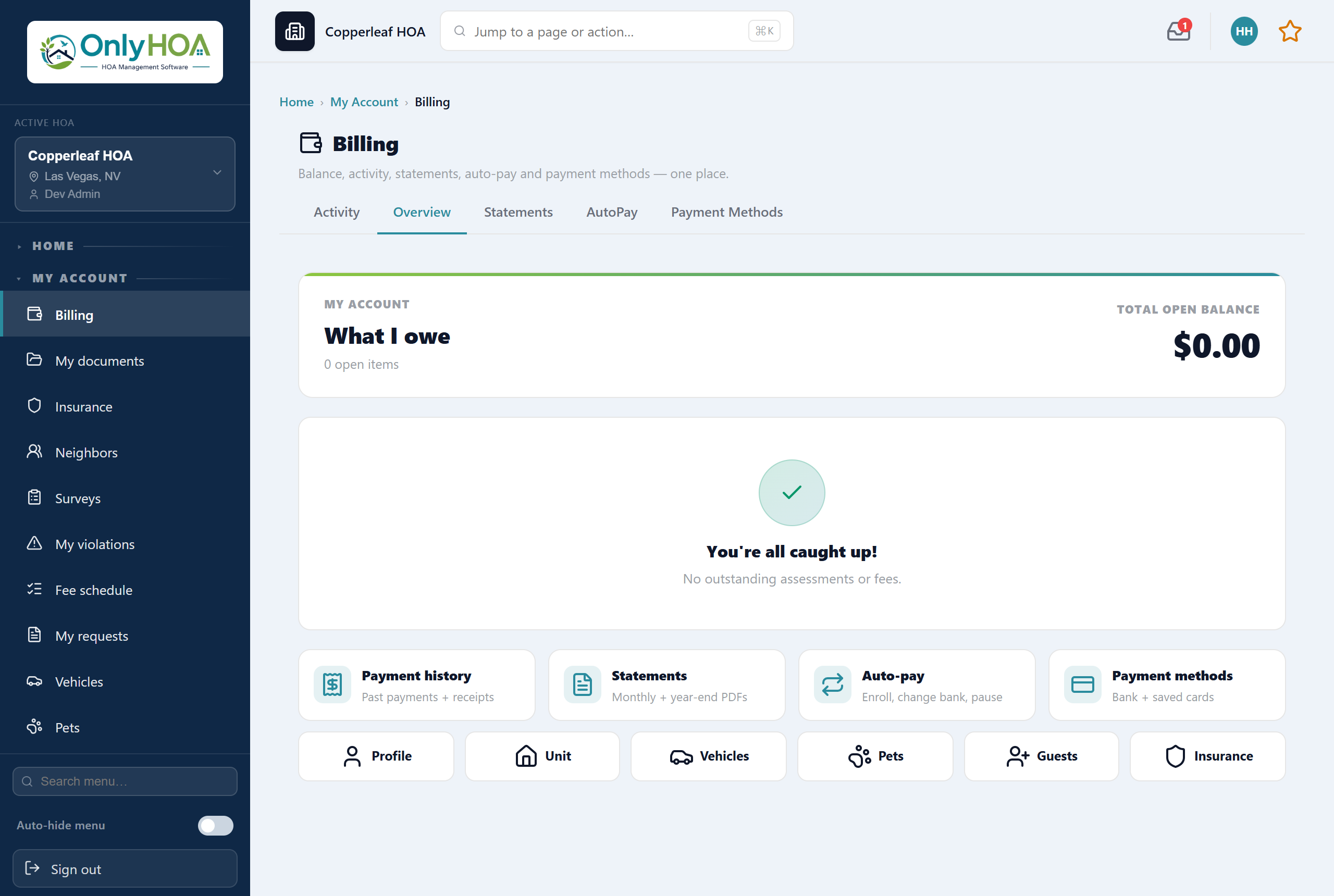 Homeowner billing — balance, one-tap Pay, statements and autopay