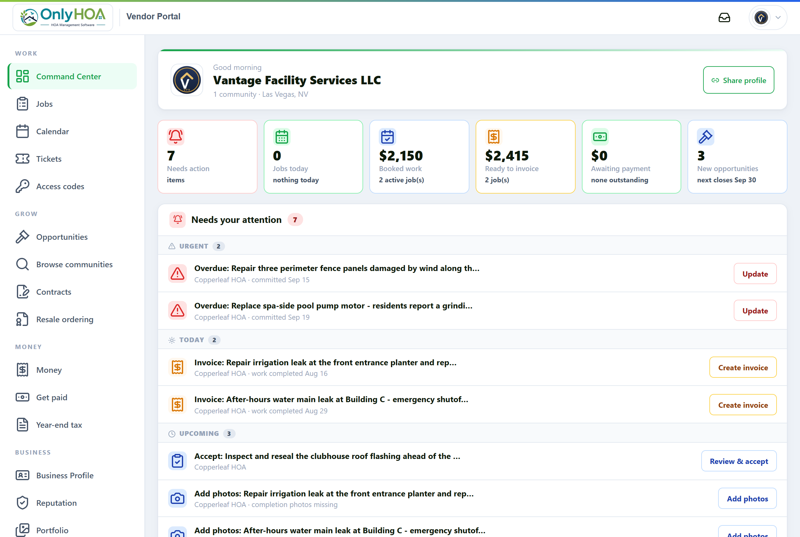 Vendor portal command center — jobs, invoicing, and new opportunities
