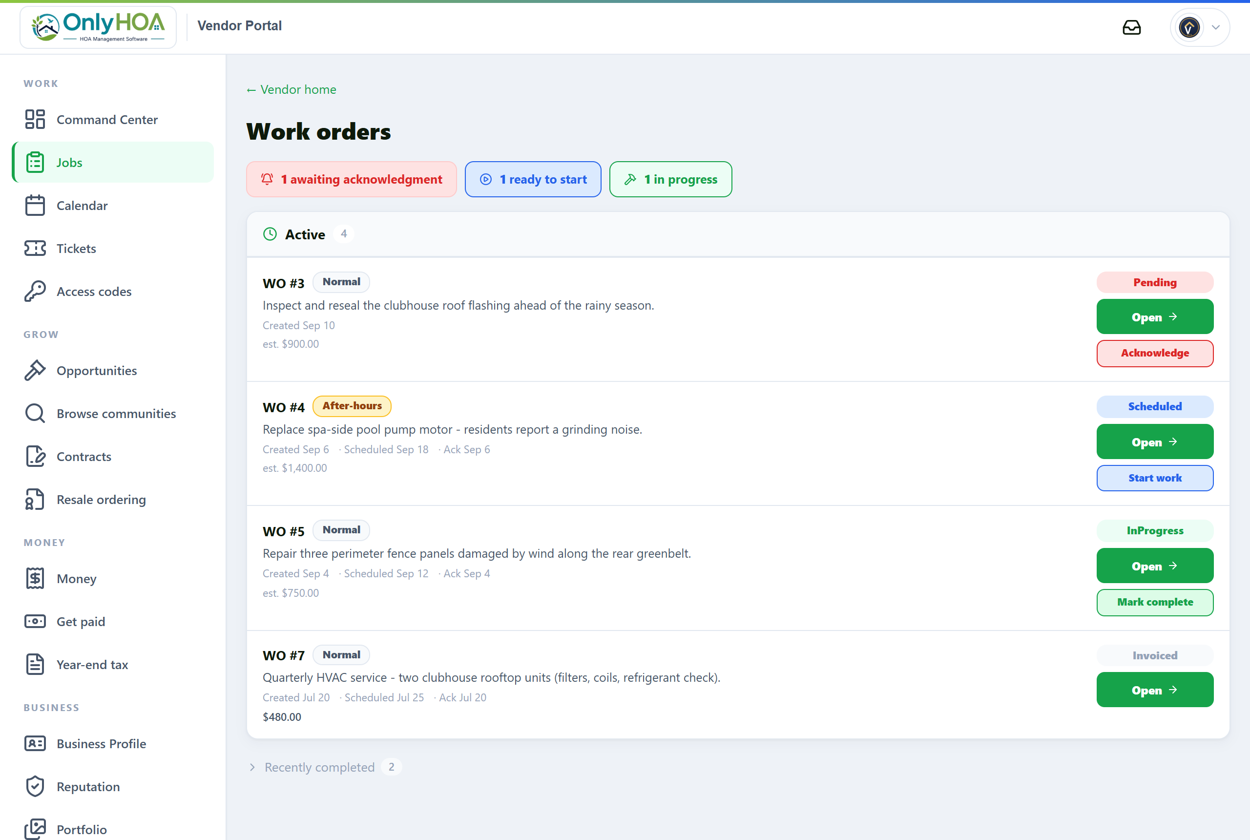 Vendor work orders — accept, schedule, add photos